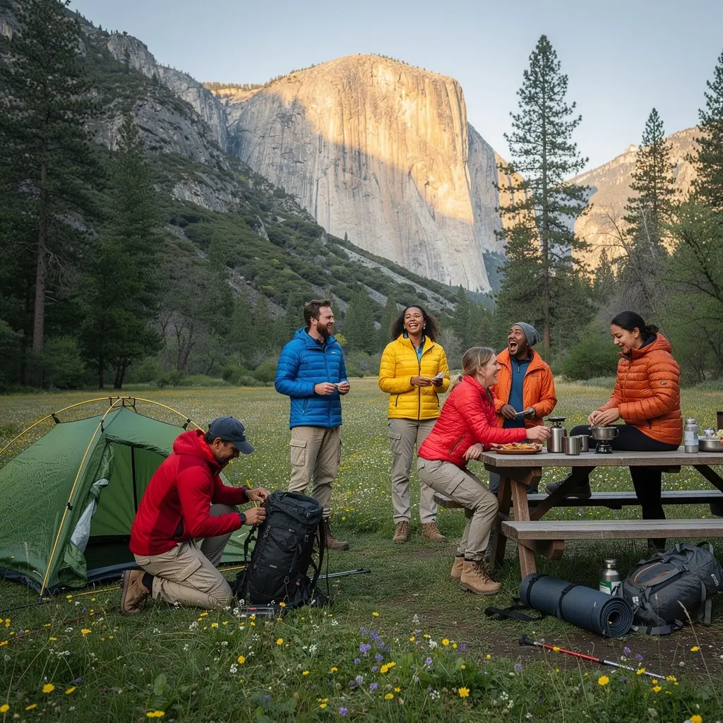 Семья, наслаждающаяся пикником на лужайке в национальном парке.