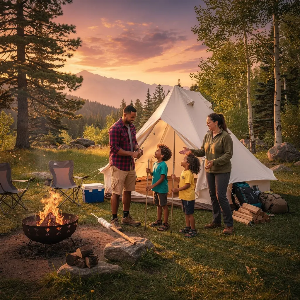 Ночной костер с туристами, рассказывающими истории под звездами.
