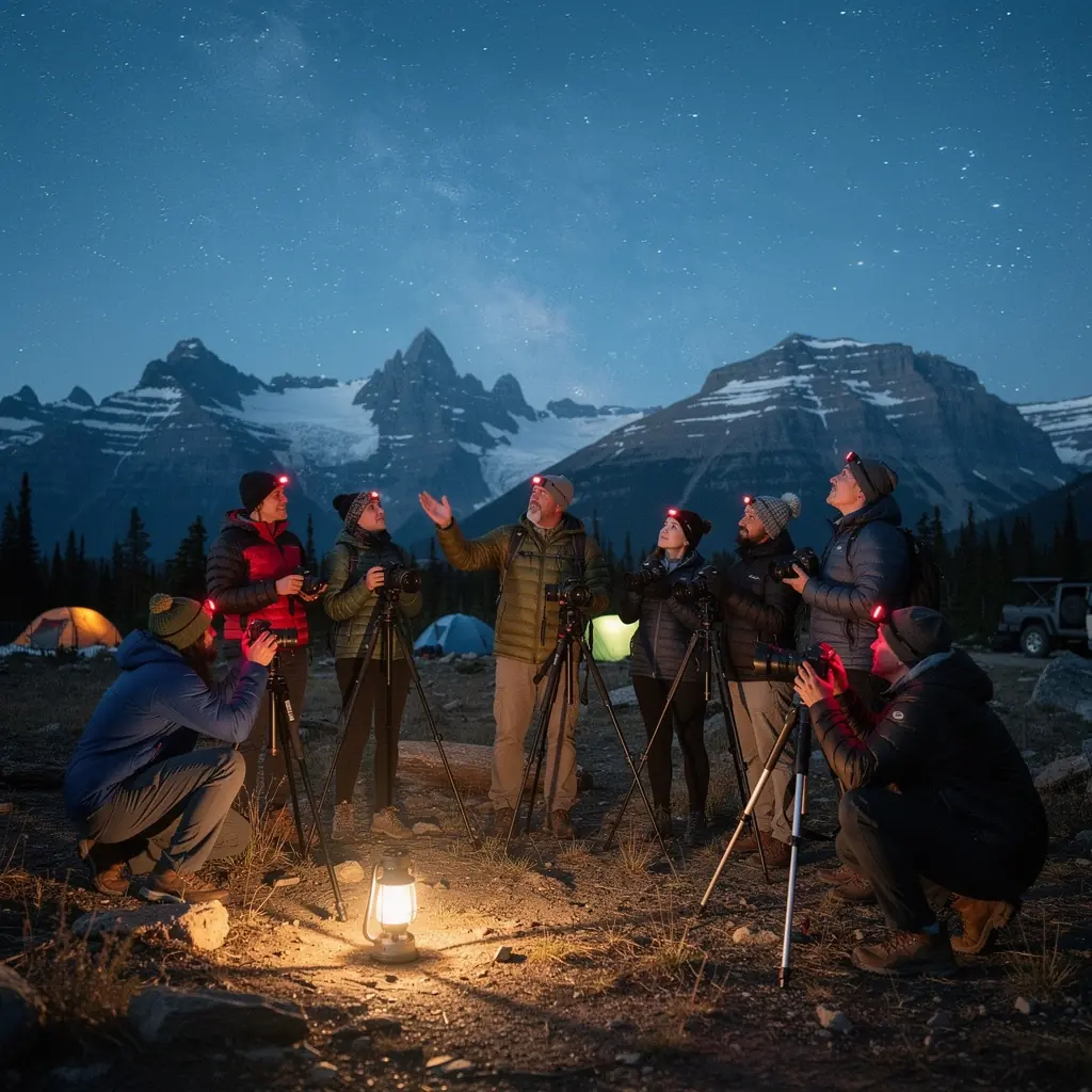 Семья, наслаждающаяся вечерним костром у палатки под звездами в национальном парке.